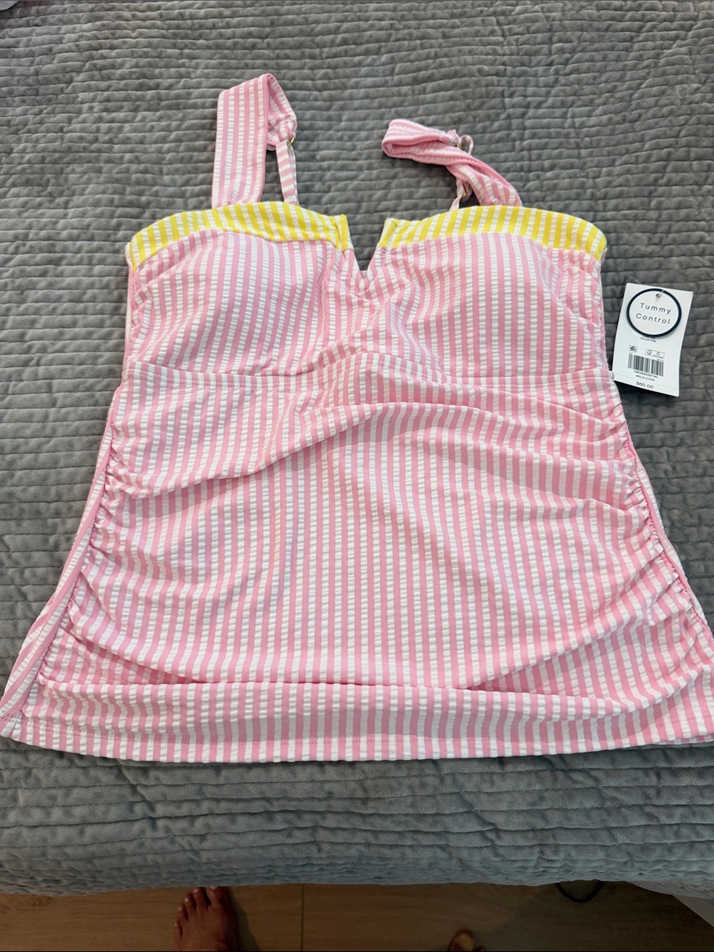 Crown & Ivy Pink and White Striped Swim Top with Yellow Accent w/ tummy control!